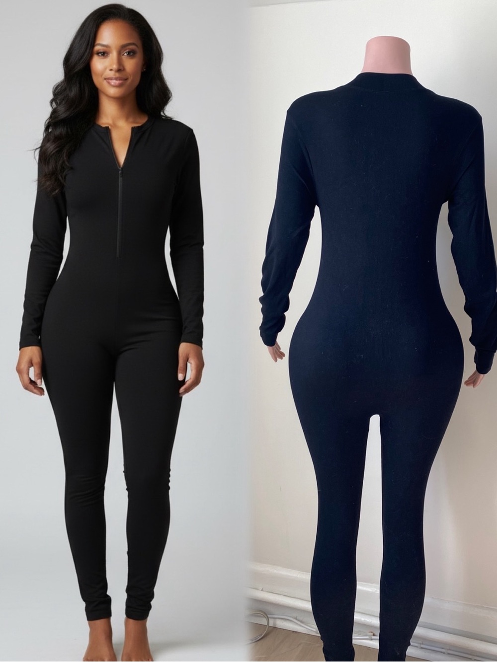 Black Long-Sleeve Zip-Front Jumpsuit for Women